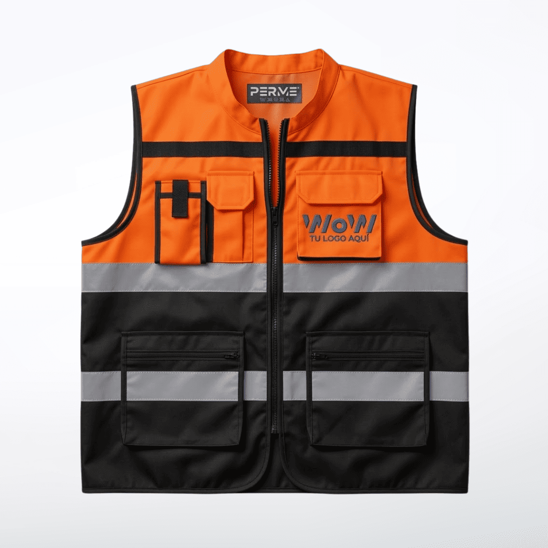 CHALECO POLIESTER CON REFLEJANTES – NARANJA/NEGRO